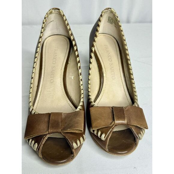 Franco‎ Sarto Light Brown Leather Slip On Peep Toe Flat Bow Flicker Heels US 6.5 - Picture 6 of 11